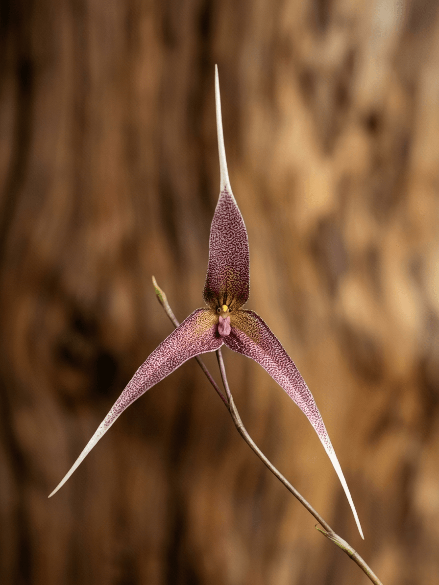Orquídea exótica Dracula platycrater com flores em formato característico e caudas nas sépalas
