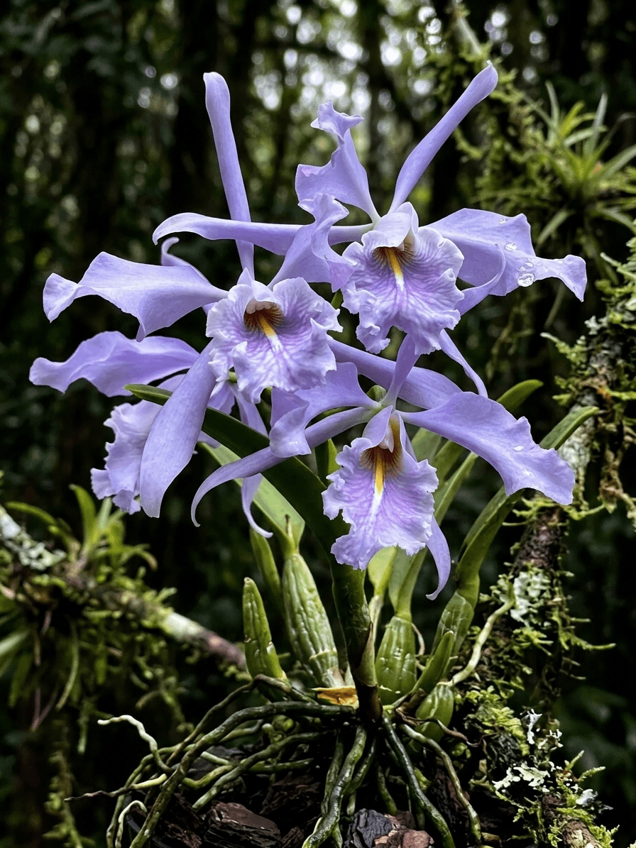 Orquídea Cattleya maxima var. coerulea com flores de tom azul-lilás e labelo estriado