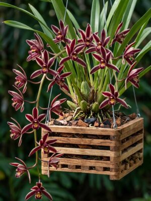 Orquídea botânica Cymbidium bicolor subespécie bicolor em floração pendente