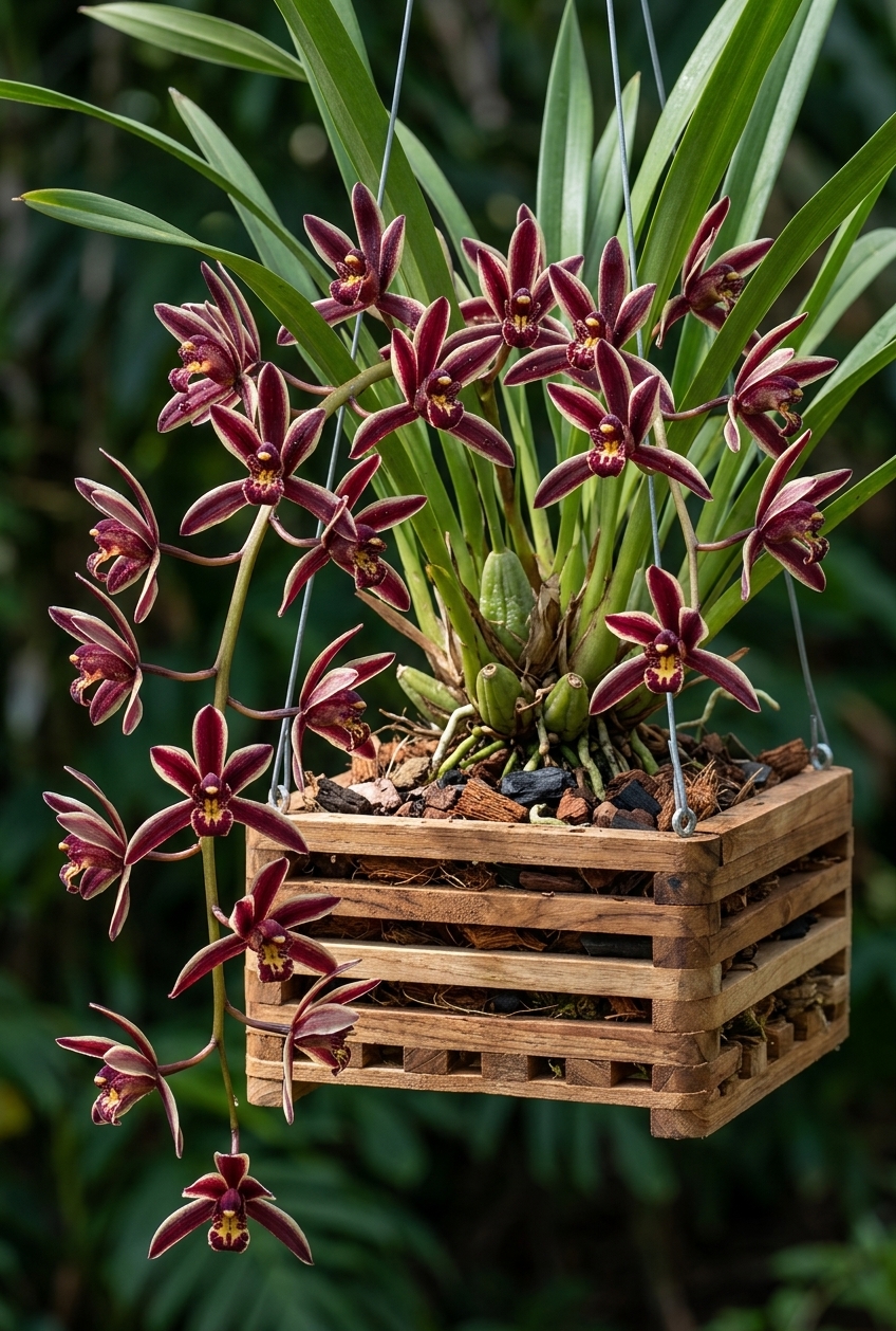 Orquídea botânica Cymbidium bicolor subespécie bicolor em floração pendente