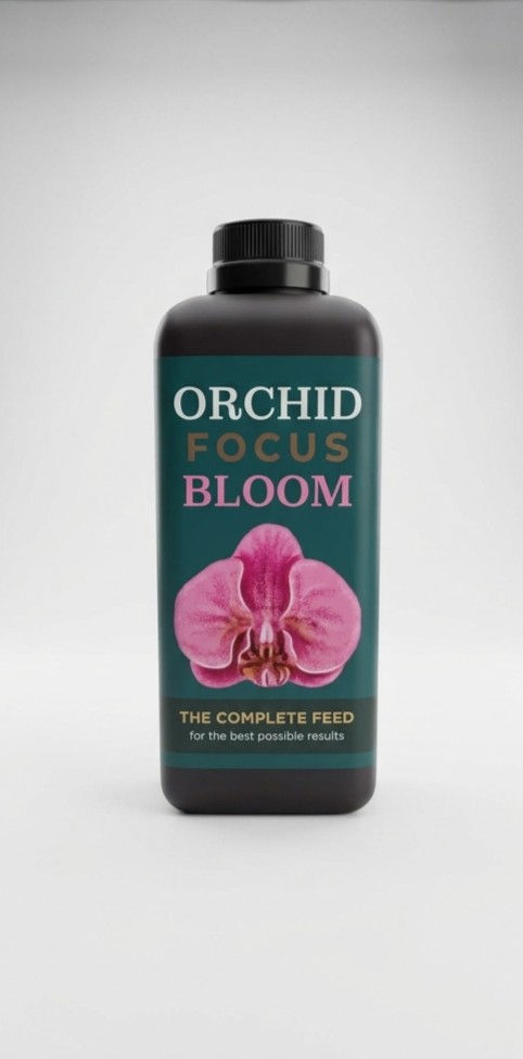 Embalagem de 1 litro do adubo líquido Orchid Focus Bloom para nutrição e floração de orquídeas