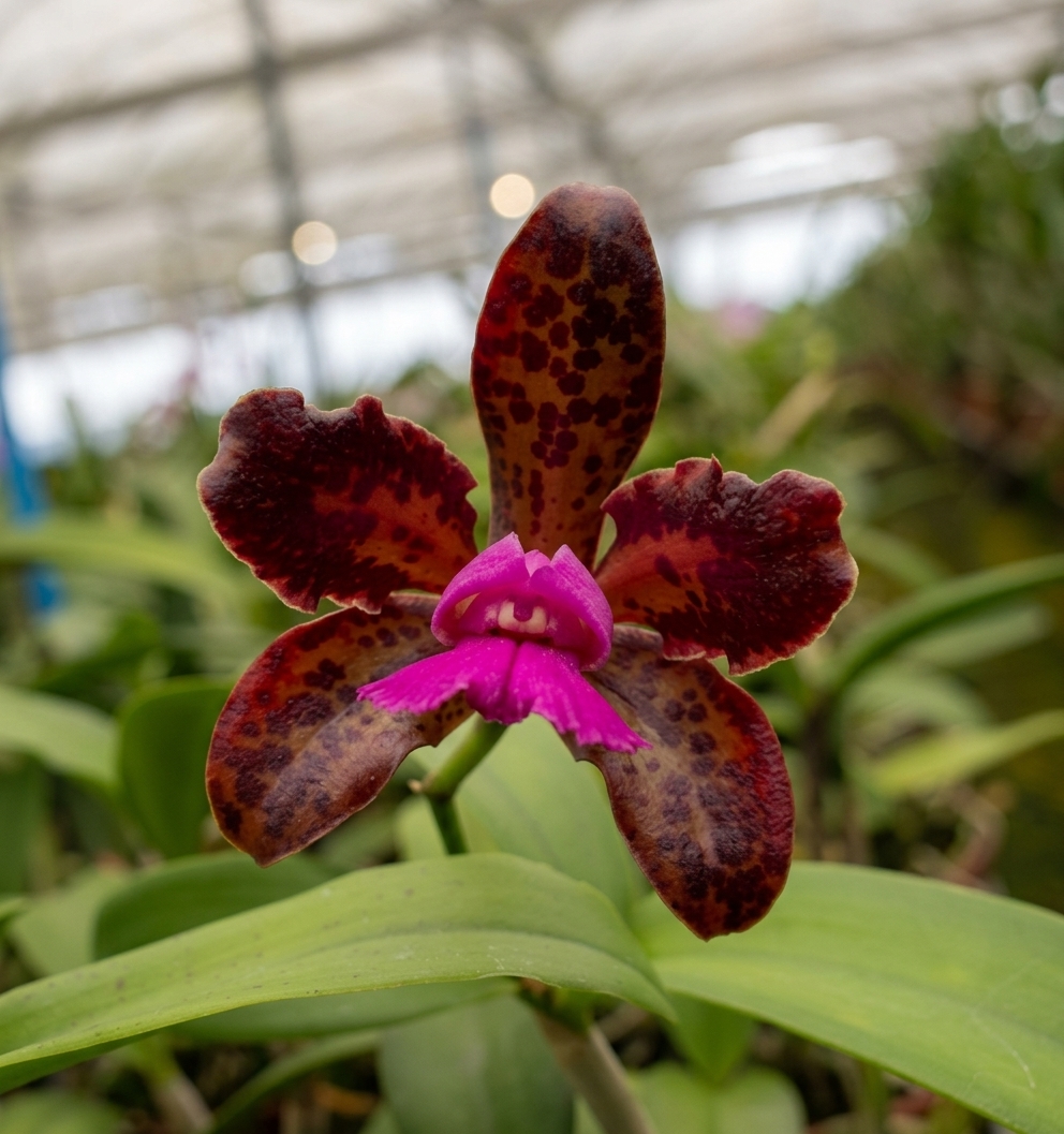 Cattleya leopoldii Chocolate Prince x Dark Prince em floração exuberante com pétalas castanho-chocolate e labelo magenta