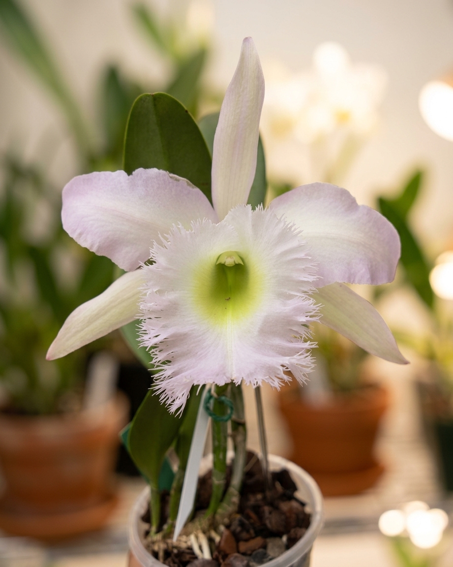 Rlc. Duh's White 'Peppa Pig' em floração exuberante com grandes flores brancas e miolo amarelo