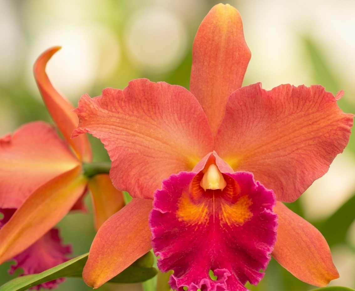 Rlc. Eve Marie Barnett 'Magnificent Watermelon Gold' em floração abundante com tons melancia e dourado